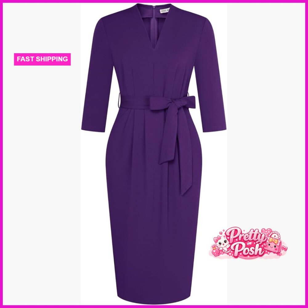 V-Neck 3/4 Sleeve Work Dress With Pockets And Back Zipper